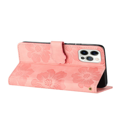 For iPhone 14 Pro Imprinted Flower Pattern Phone Case PU Leather Flip Stand Wallet Cover Shell with Strap
