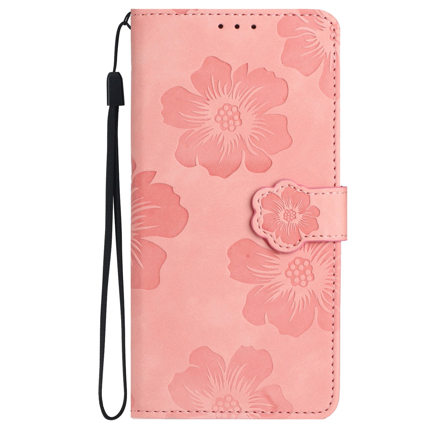 For iPhone 14 Pro Imprinted Flower Pattern Phone Case PU Leather Flip Stand Wallet Cover Shell with Strap