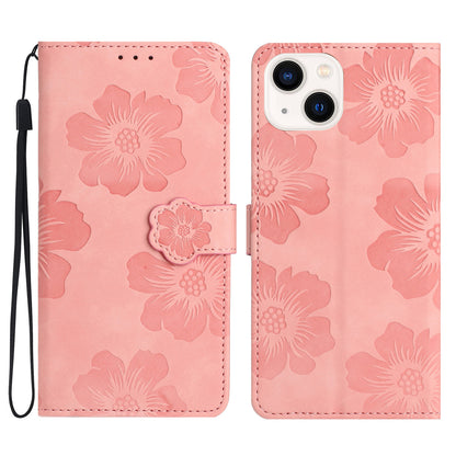 For iPhone 13 6.1 inch Wallet Cover PU Leather Flip Stand Phone Shell Imprinted Flower Pattern Phone Case