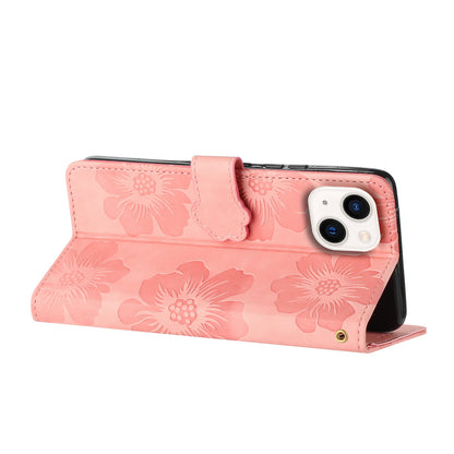 For iPhone 14 Cell Phone Case PU Leather Imprinted Flower Pattern Stand Wallet Cover with Strap