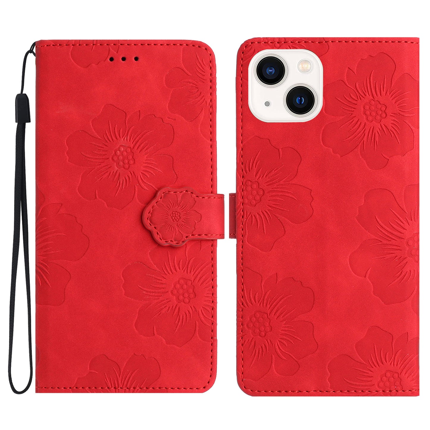 For iPhone 14 Cell Phone Case PU Leather Imprinted Flower Pattern Stand Wallet Cover with Strap