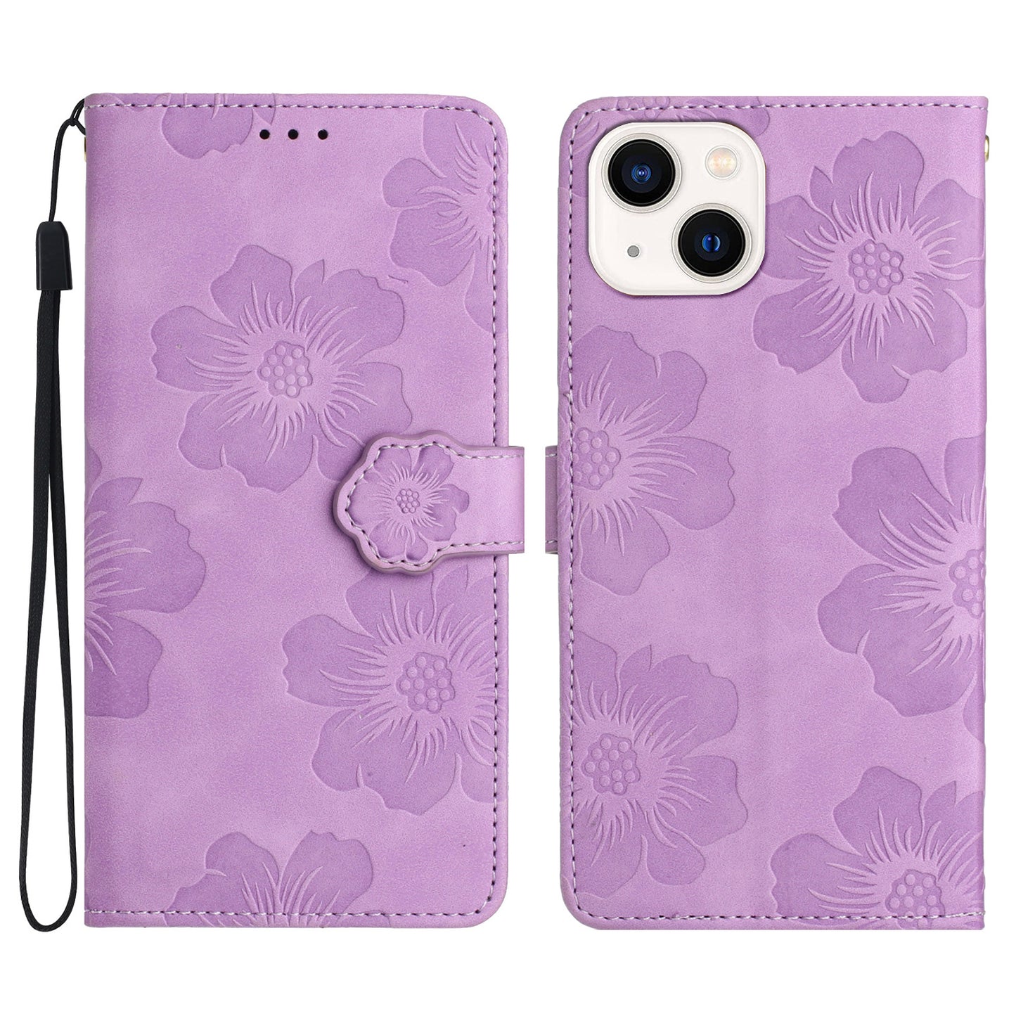 For iPhone 14 Cell Phone Case PU Leather Imprinted Flower Pattern Stand Wallet Cover with Strap