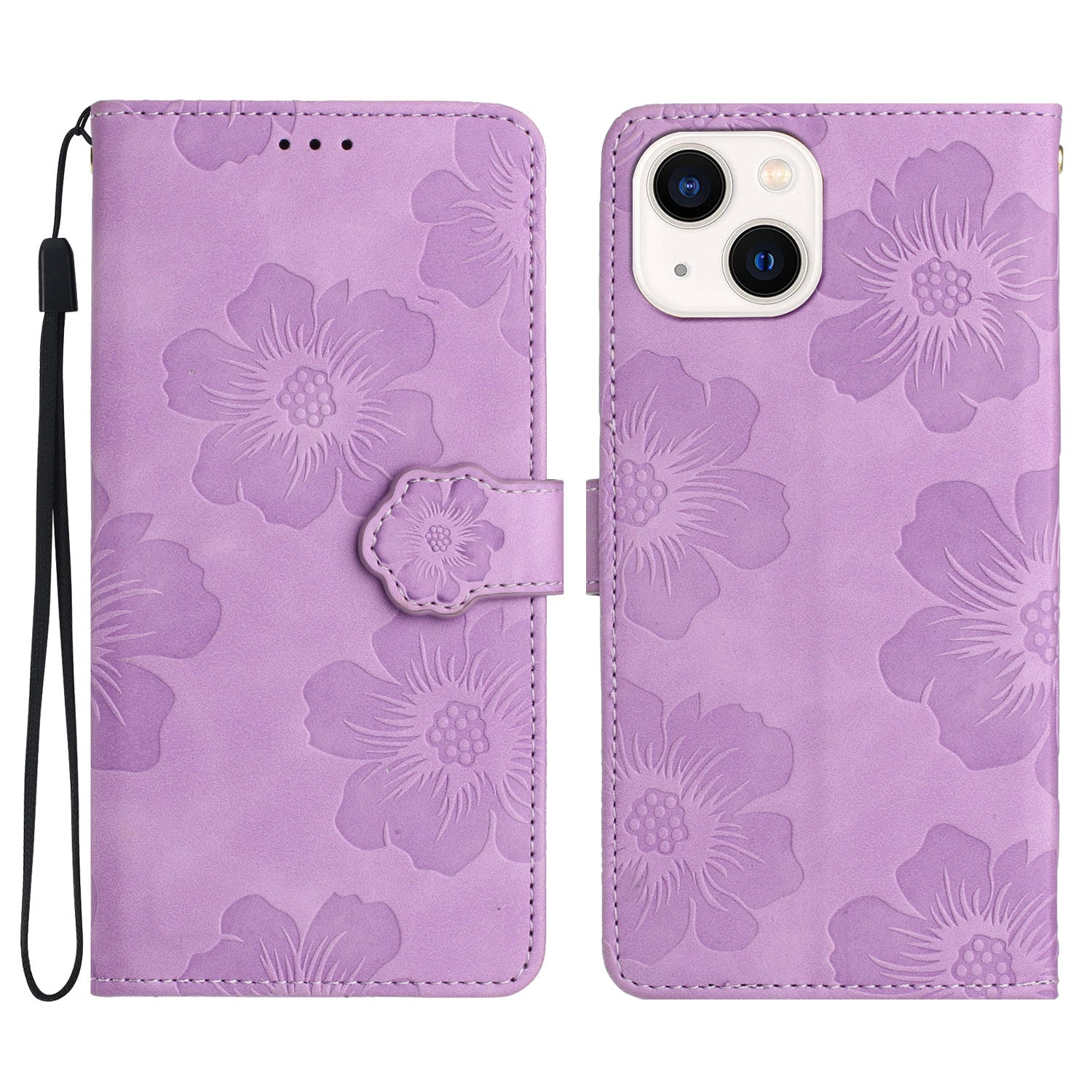 For iPhone 14 Cell Phone Case PU Leather Imprinted Flower Pattern Stand Wallet Cover with Strap