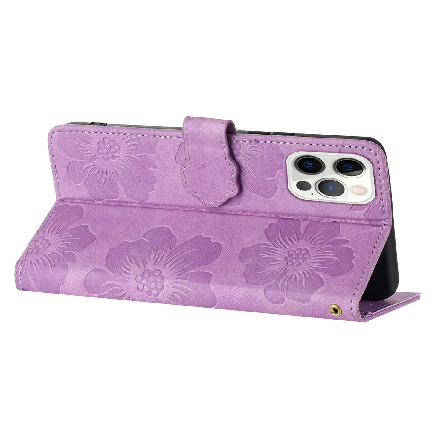 For iPhone 13 Pro Max Stand Phone Case Imprinted Flower Pattern Wallet Cover Flip Style PU Leather Shell