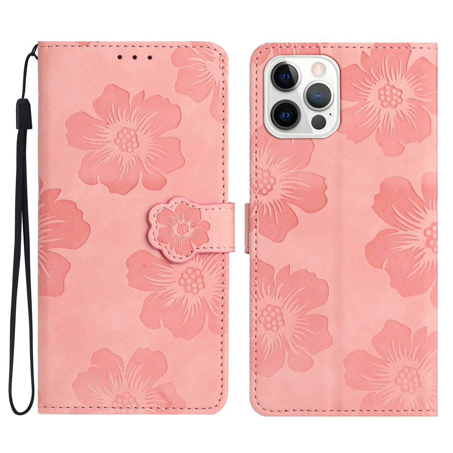 For iPhone 13 Pro Max Stand Phone Case Imprinted Flower Pattern Wallet Cover Flip Style PU Leather Shell