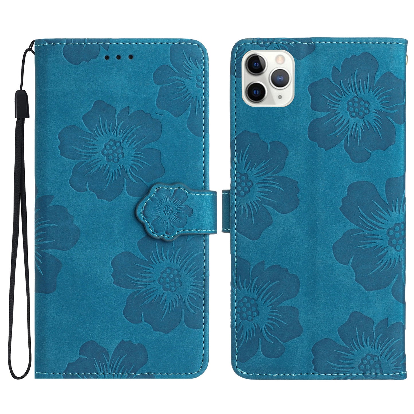 For iPhone 11 Pro Flowers Imprint Flip Stand Phone Case PU Leather Wallet Shockproof Cover