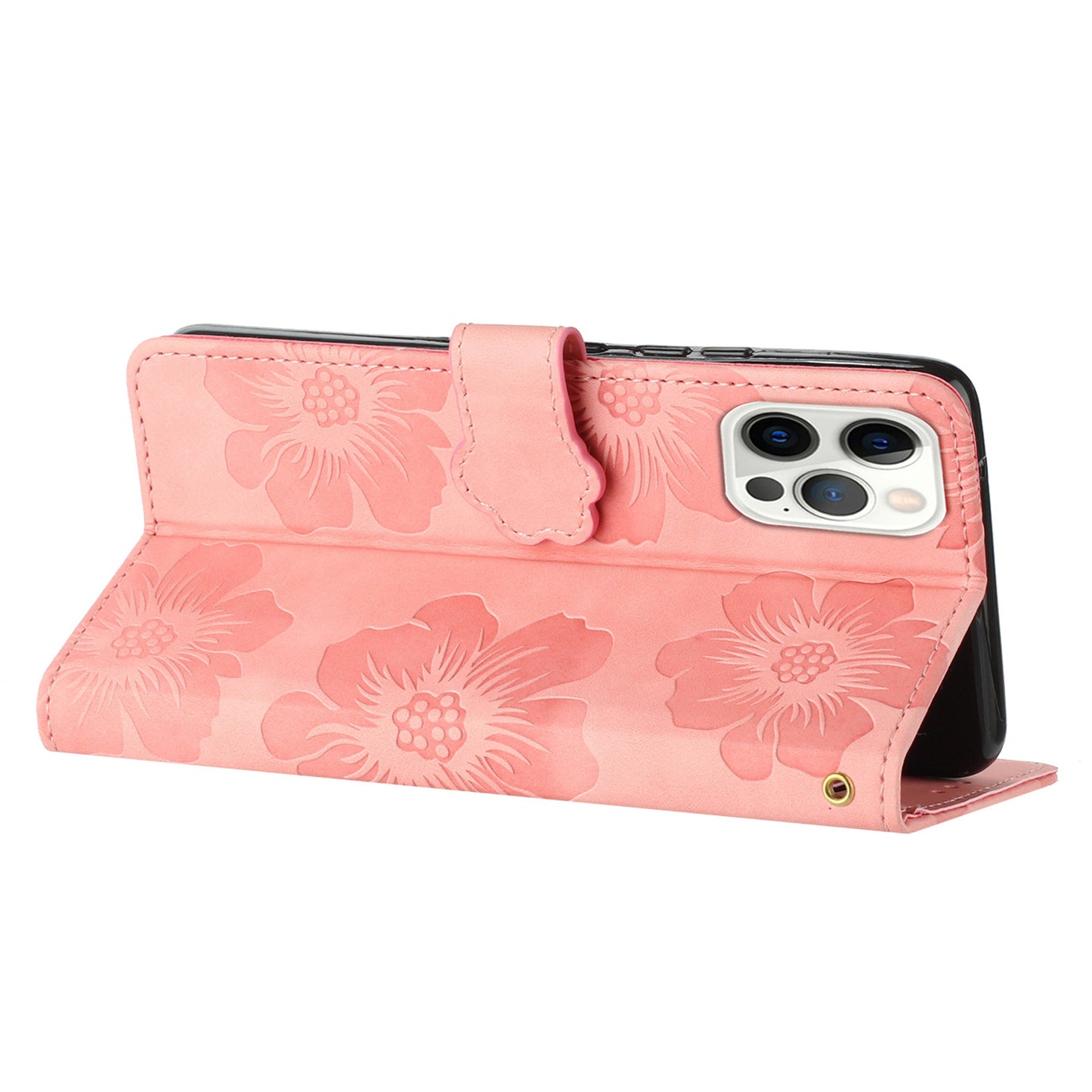 For iPhone 12 Pro 6.1 inch Flowers Imprinted PU Leather Phone Case Folding Stand Wallet Cover