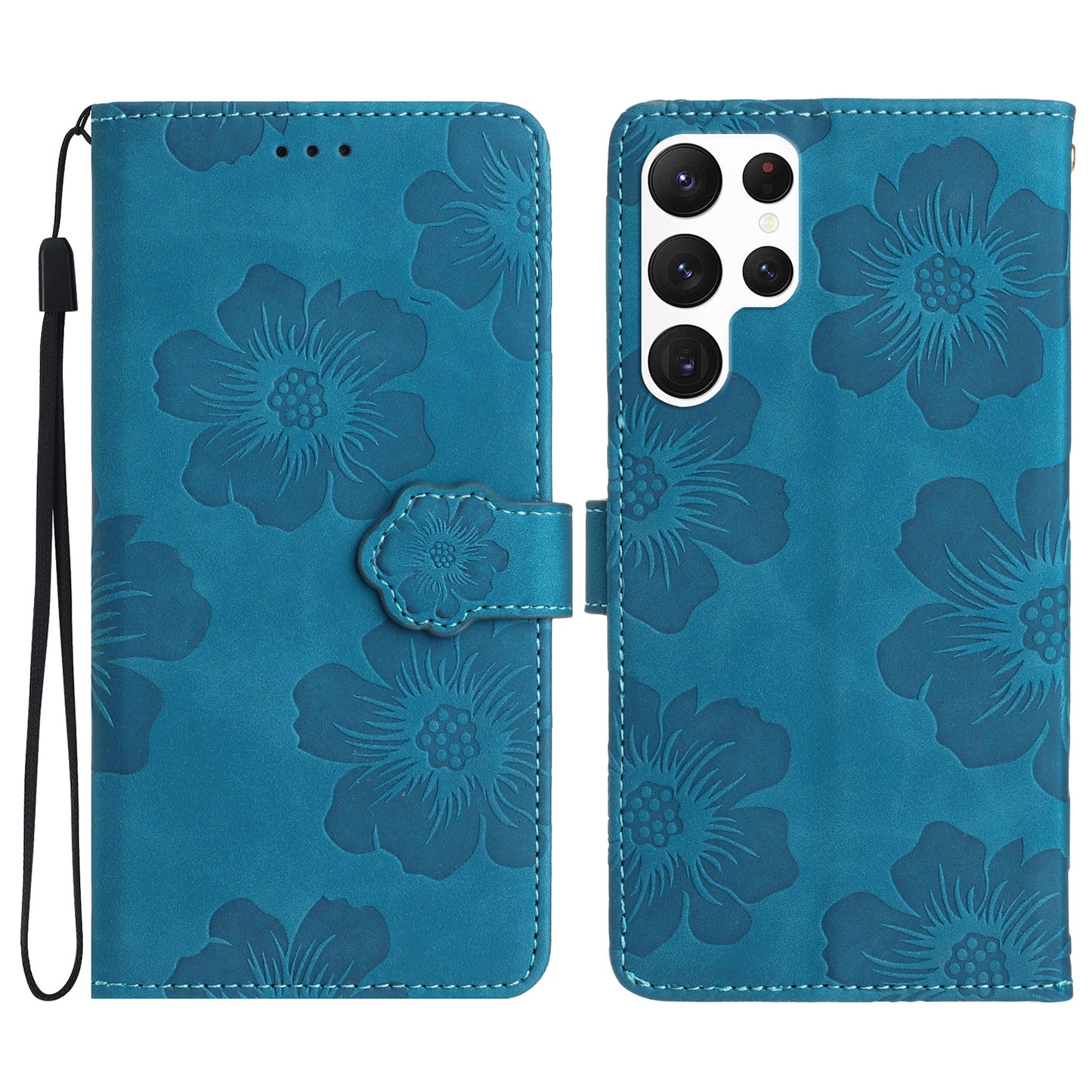 For Samsung Galaxy S23 Ultra Cell Phone Case Wallet Cover PU Leather Stand Imprinted Flower Pattern Shell