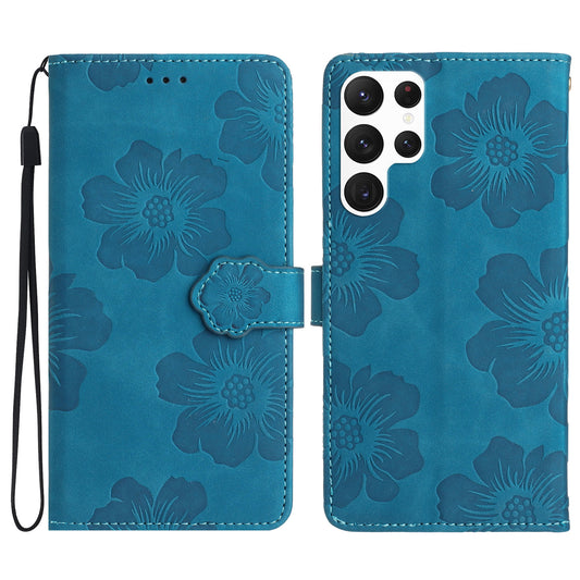 For Samsung Galaxy S23 Ultra Cell Phone Case Wallet Cover PU Leather Stand Imprinted Flower Pattern Shell