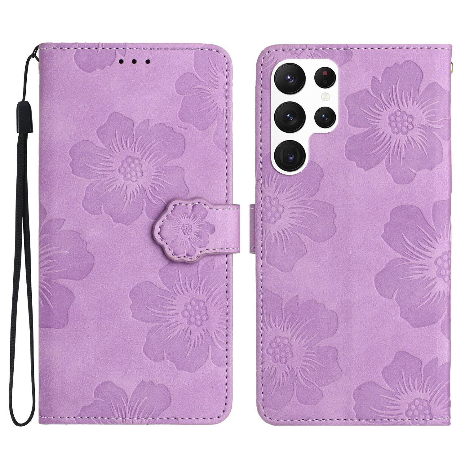 For Samsung Galaxy S23 Ultra Cell Phone Case Wallet Cover PU Leather Stand Imprinted Flower Pattern Shell