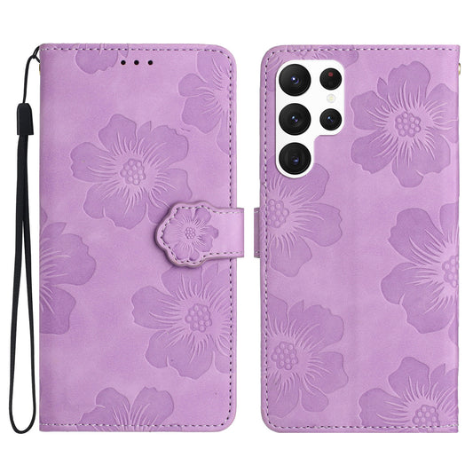 For Samsung Galaxy S23 Ultra Cell Phone Case Wallet Cover PU Leather Stand Imprinted Flower Pattern Shell