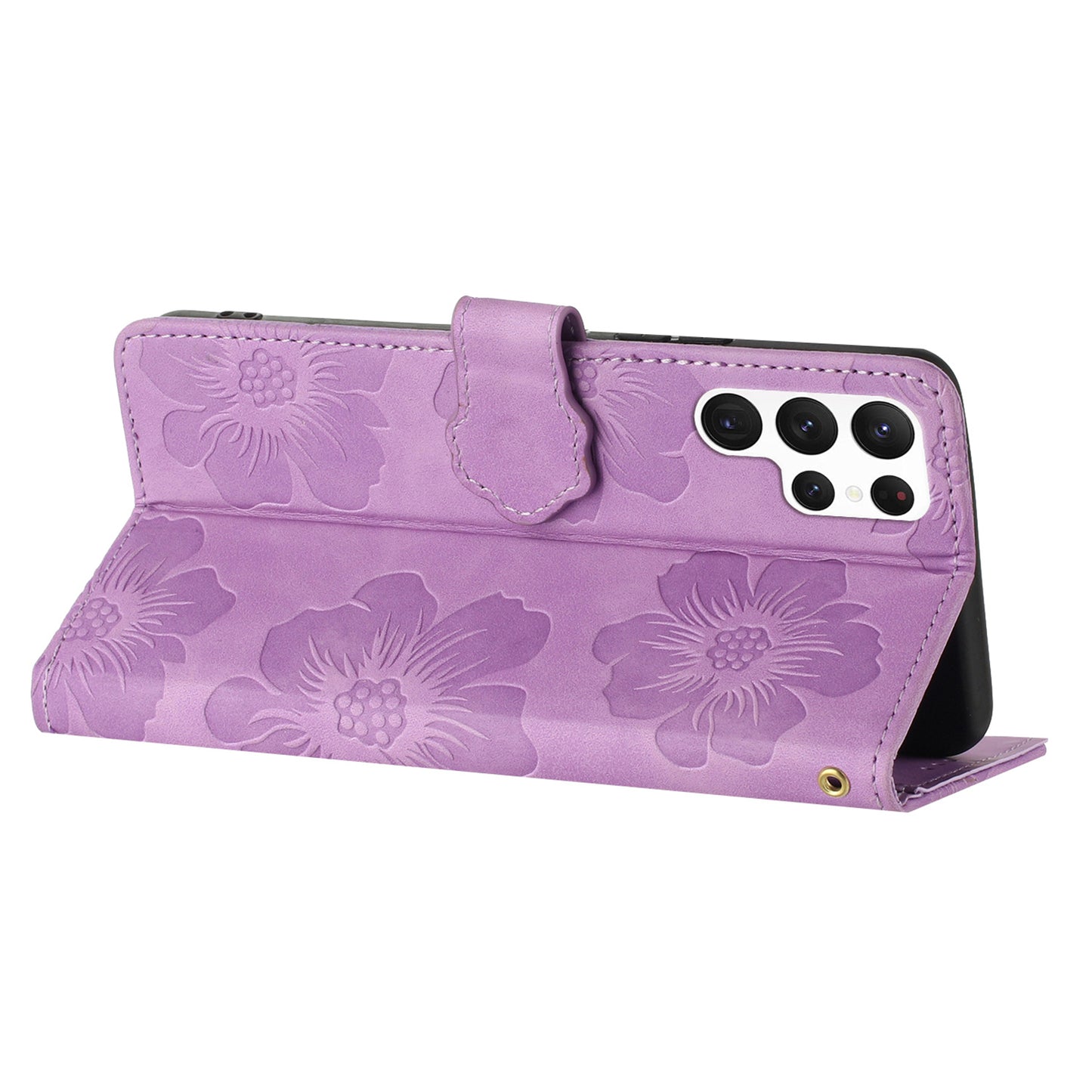 For Samsung Galaxy S23 Ultra Cell Phone Case Wallet Cover PU Leather Stand Imprinted Flower Pattern Shell