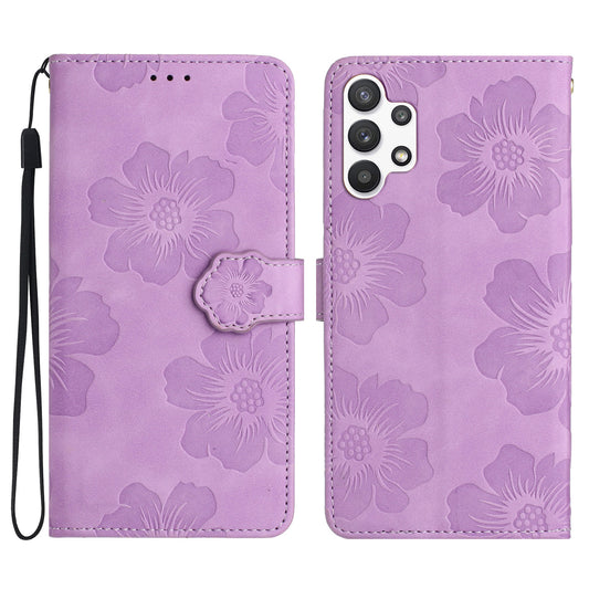 For Samsung Galaxy A32 5G / M32 5G PU Leather Wallet Cover Flowers Imprint Phone Case with Stand