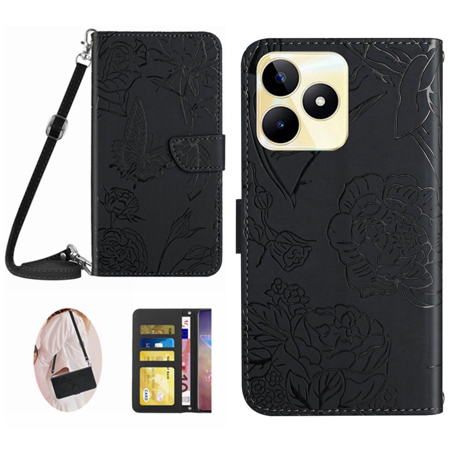 HT03 PU Leather Case for Realme C53 4G , Wallet Stand Imprinted Phone Cover with Shoulder Strap