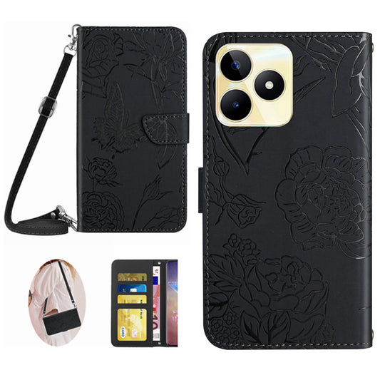 HT03 PU Leather Case for Realme C53 4G , Wallet Stand Imprinted Phone Cover with Shoulder Strap