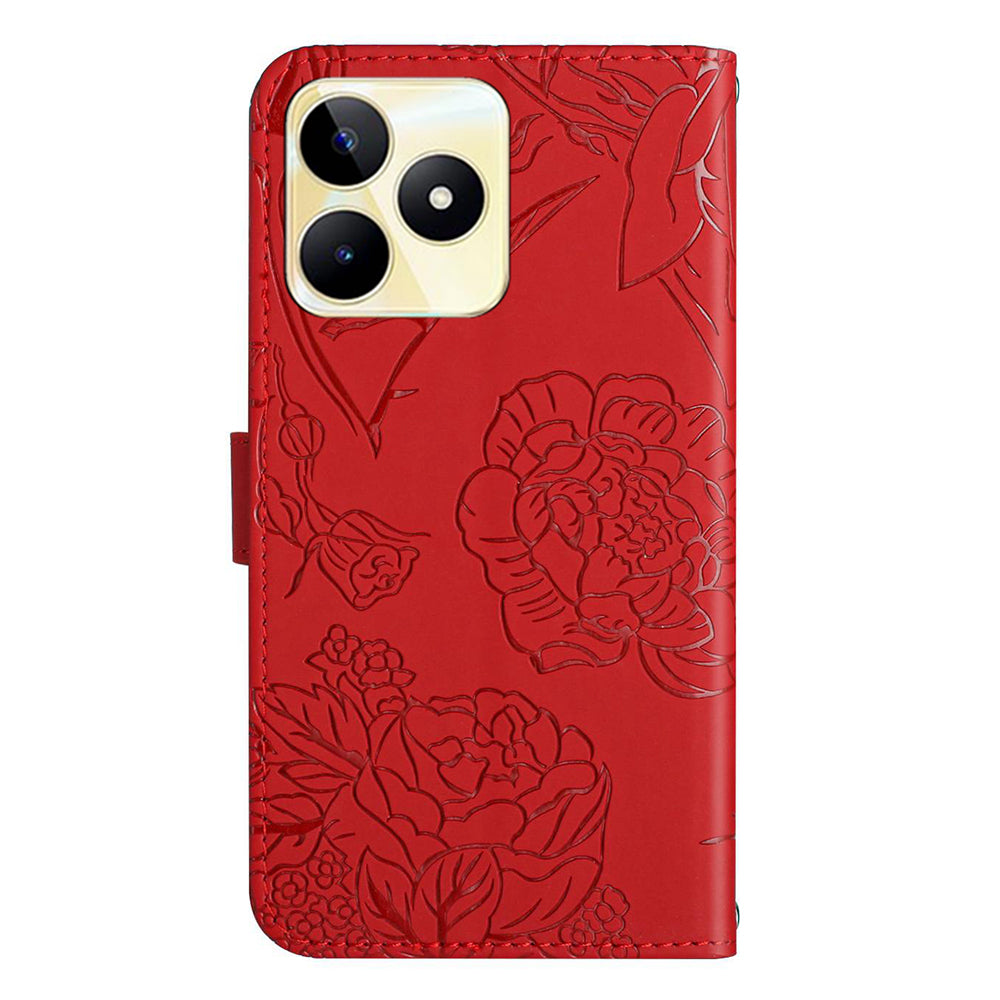 HT03 PU Leather Case for Realme C53 4G , Wallet Stand Imprinted Phone Cover with Shoulder Strap