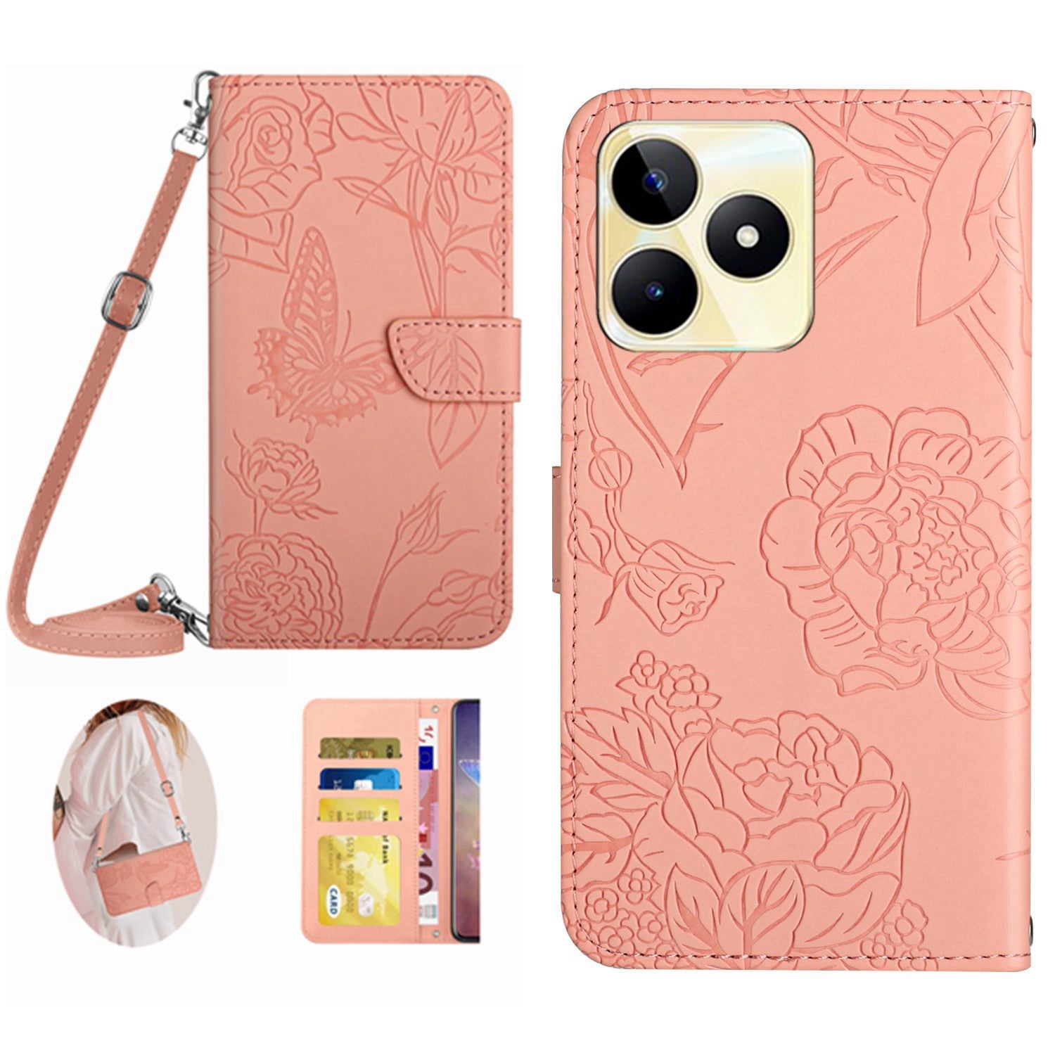 HT03 PU Leather Case for Realme C53 4G , Wallet Stand Imprinted Phone Cover with Shoulder Strap