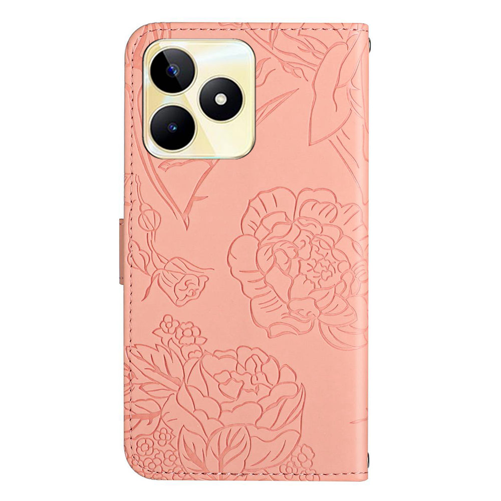 HT03 PU Leather Case for Realme C53 4G , Wallet Stand Imprinted Phone Cover with Shoulder Strap