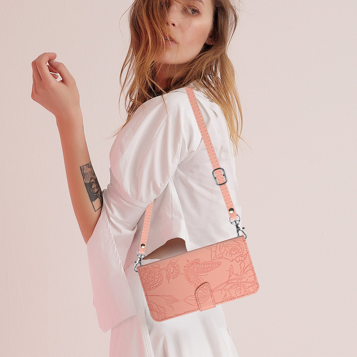 HT03 PU Leather Case for Realme C53 4G , Wallet Stand Imprinted Phone Cover with Shoulder Strap