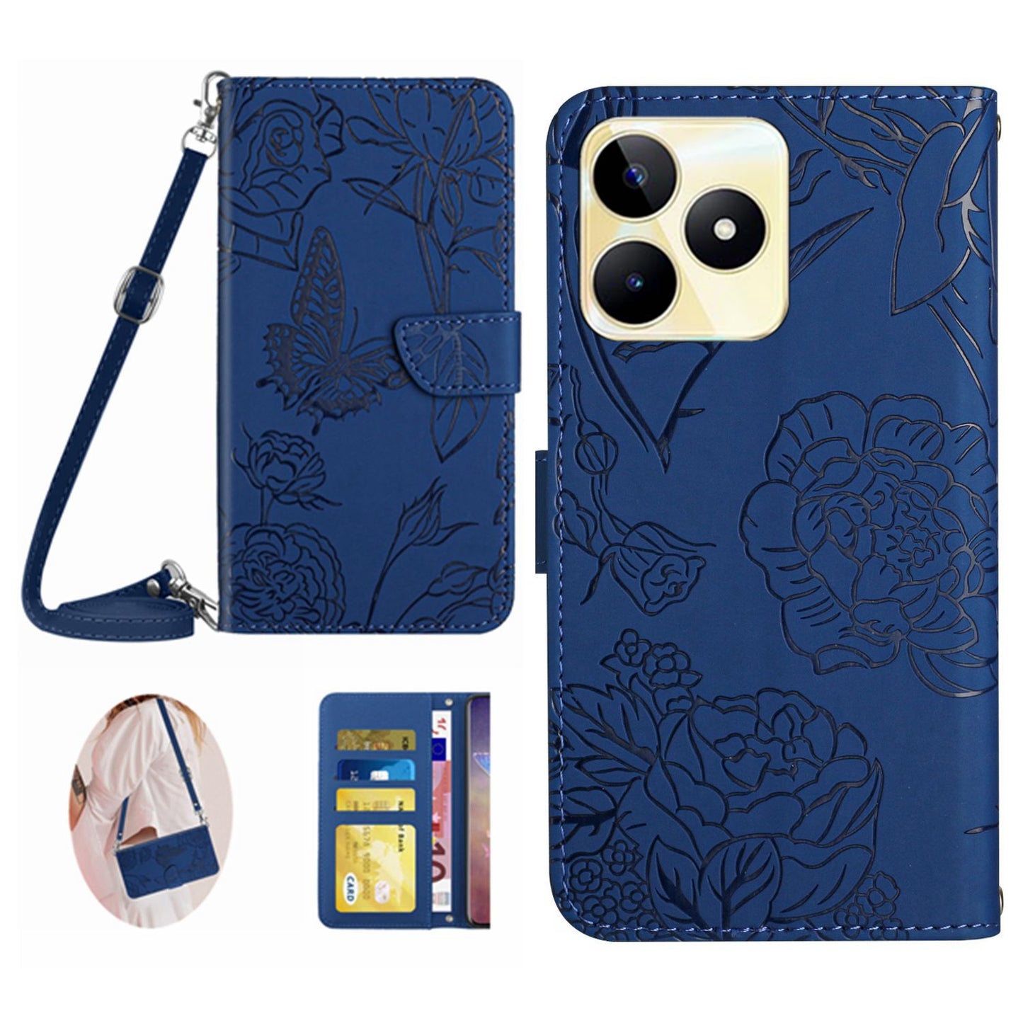 HT03 PU Leather Case for Realme C53 4G , Wallet Stand Imprinted Phone Cover with Shoulder Strap