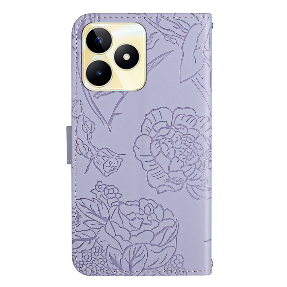 HT03 PU Leather Case for Realme C53 4G , Wallet Stand Imprinted Phone Cover with Shoulder Strap