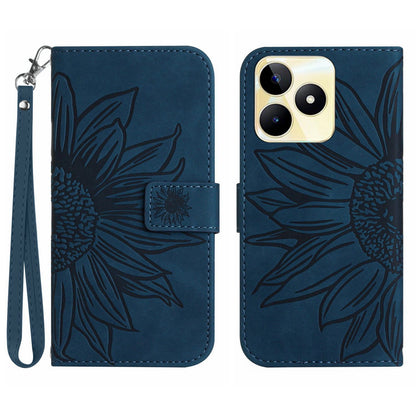 HT04 Phone Leather Case for Realme C53 4G , Sunflower Imprinted Stand Wallet Phone Cover with Hand Strap