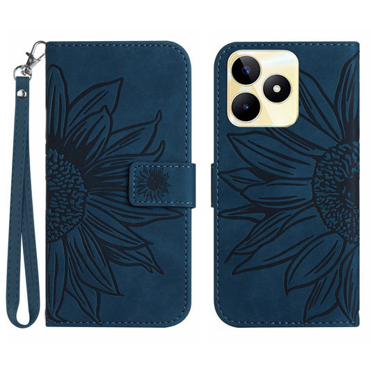 HT04 Phone Leather Case for Realme C53 4G , Sunflower Imprinted Stand Wallet Phone Cover with Hand Strap