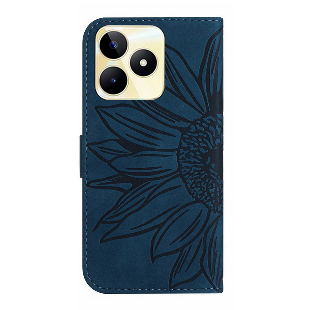 HT04 Phone Leather Case for Realme C53 4G , Sunflower Imprinted Stand Wallet Phone Cover with Hand Strap