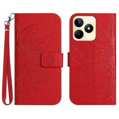 HT04 Phone Leather Case for Realme C53 4G , Sunflower Imprinted Stand Wallet Phone Cover with Hand Strap