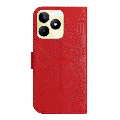 HT04 Phone Leather Case for Realme C53 4G , Sunflower Imprinted Stand Wallet Phone Cover with Hand Strap