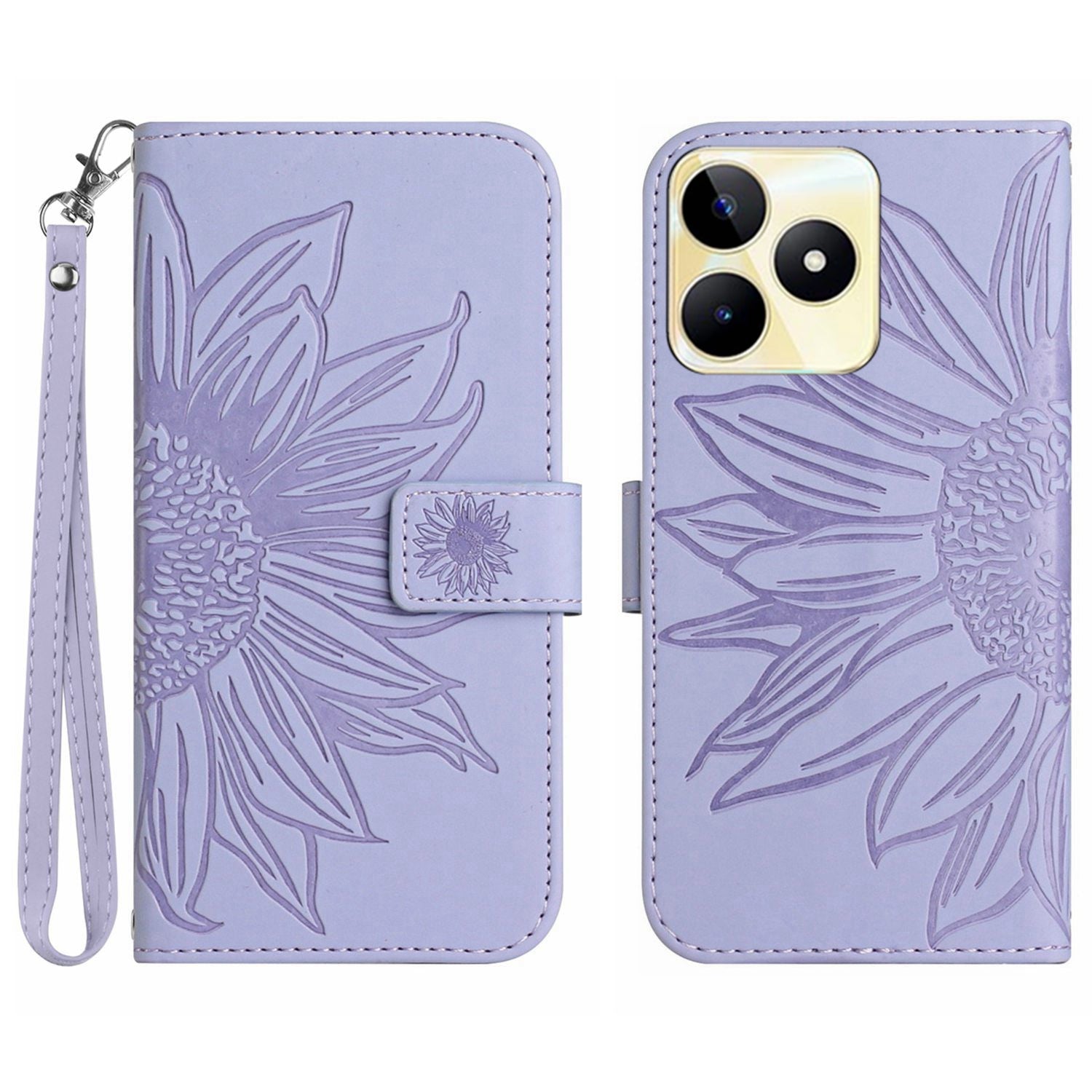 HT04 Phone Leather Case for Realme C53 4G , Sunflower Imprinted Stand Wallet Phone Cover with Hand Strap