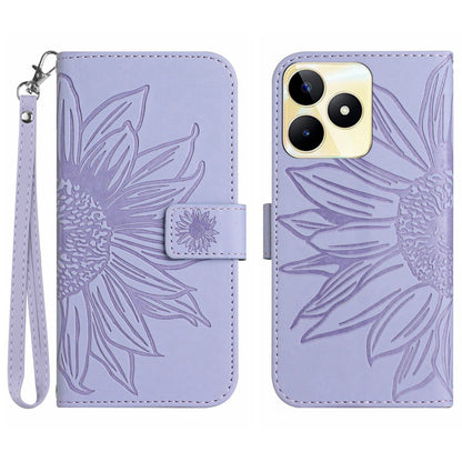 HT04 Phone Leather Case for Realme C53 4G , Sunflower Imprinted Stand Wallet Phone Cover with Hand Strap