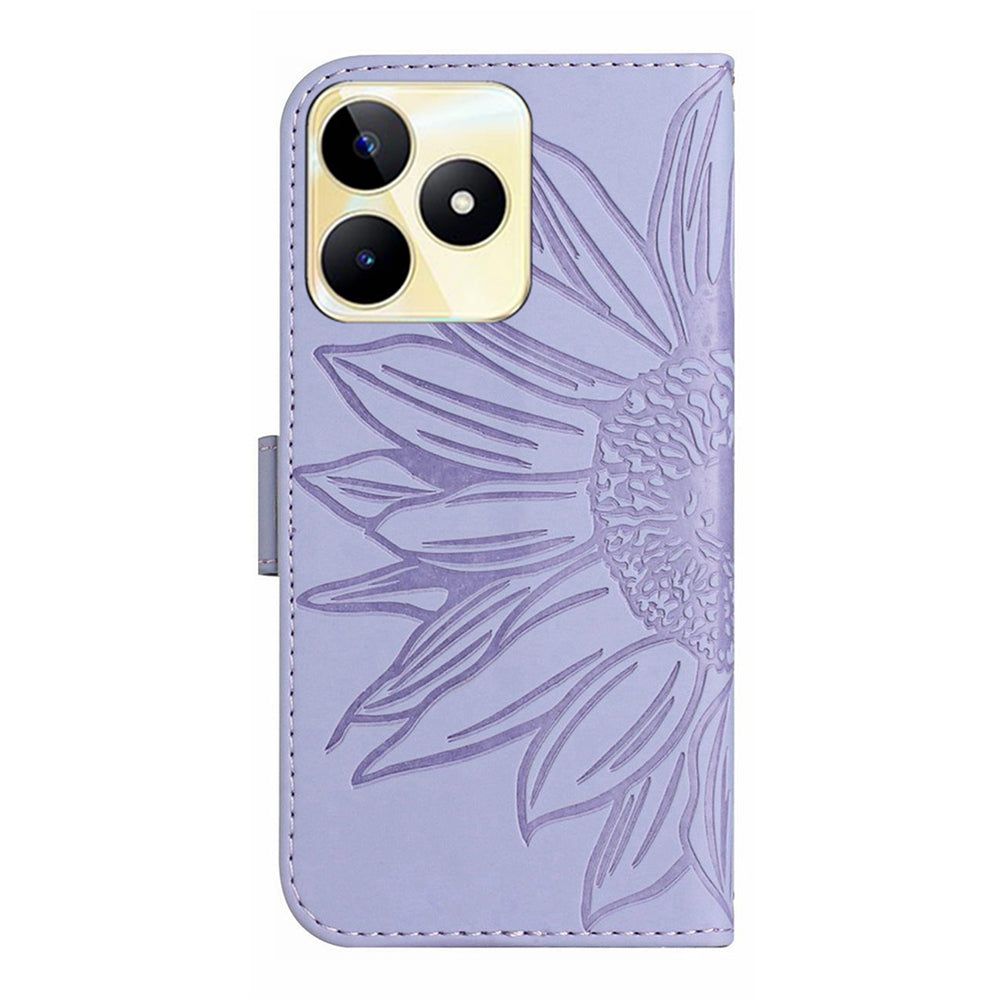 HT04 Phone Leather Case for Realme C53 4G , Sunflower Imprinted Stand Wallet Phone Cover with Hand Strap
