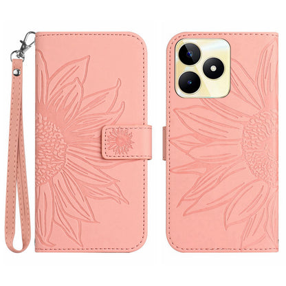 HT04 Phone Leather Case for Realme C53 4G , Sunflower Imprinted Stand Wallet Phone Cover with Hand Strap
