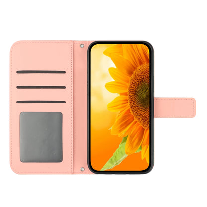 HT04 Phone Leather Case for Realme C53 4G , Sunflower Imprinted Stand Wallet Phone Cover with Hand Strap