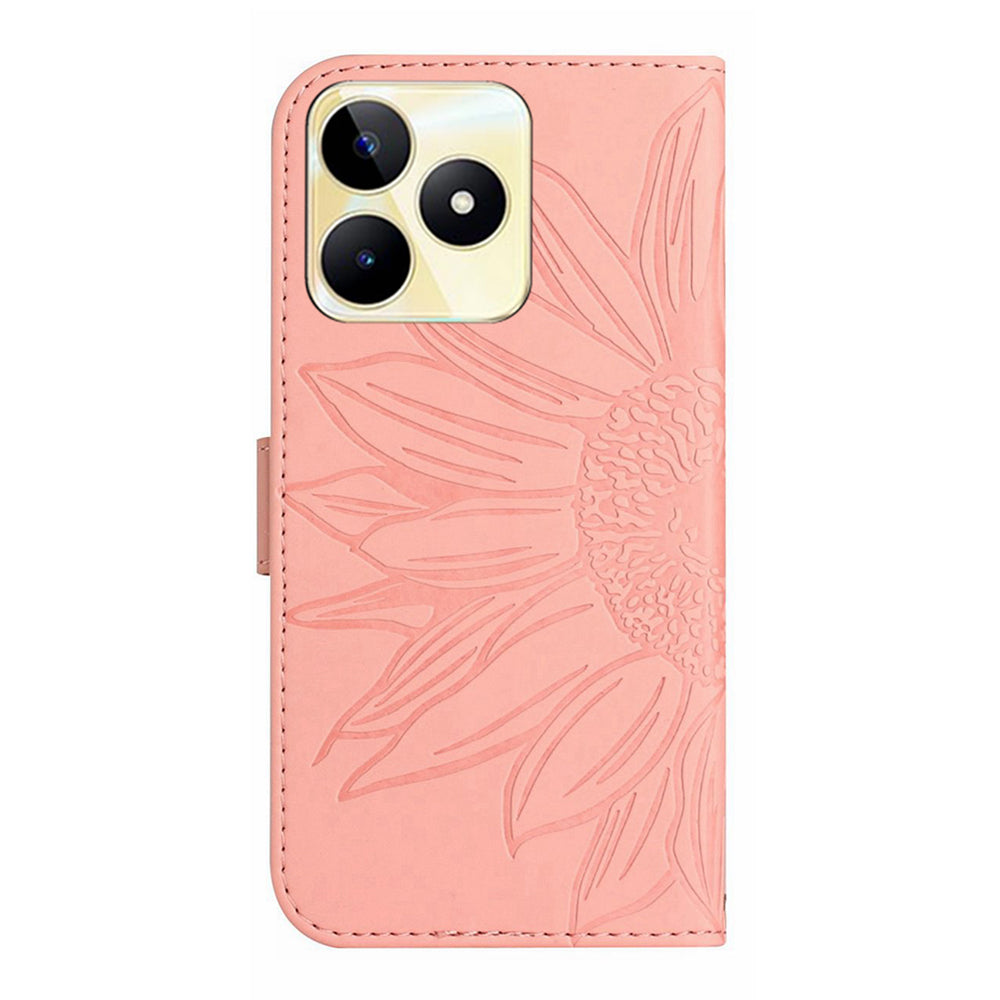 HT04 Phone Leather Case for Realme C53 4G , Sunflower Imprinted Stand Wallet Phone Cover with Hand Strap