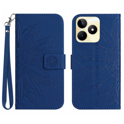 HT04 Phone Leather Case for Realme C53 4G , Sunflower Imprinted Stand Wallet Phone Cover with Hand Strap