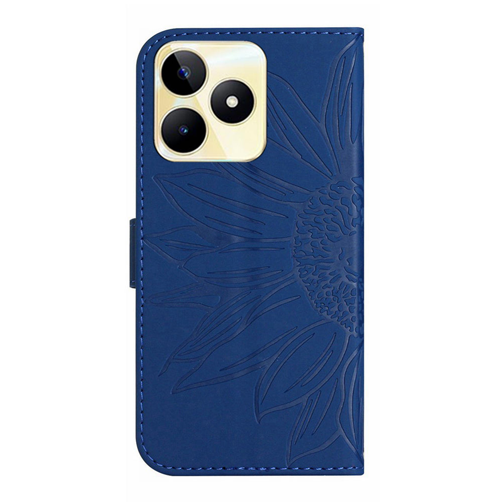 HT04 Phone Leather Case for Realme C53 4G , Sunflower Imprinted Stand Wallet Phone Cover with Hand Strap