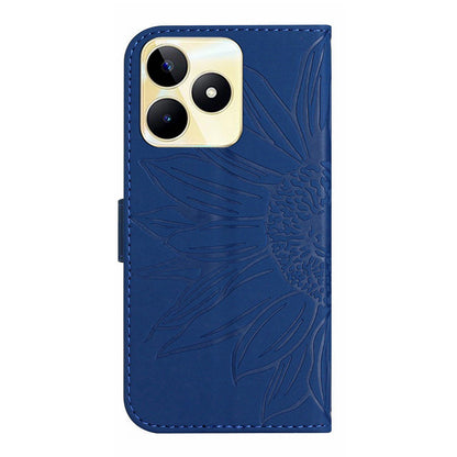 HT04 Phone Leather Case for Realme C53 4G , Sunflower Imprinted Stand Wallet Phone Cover with Hand Strap