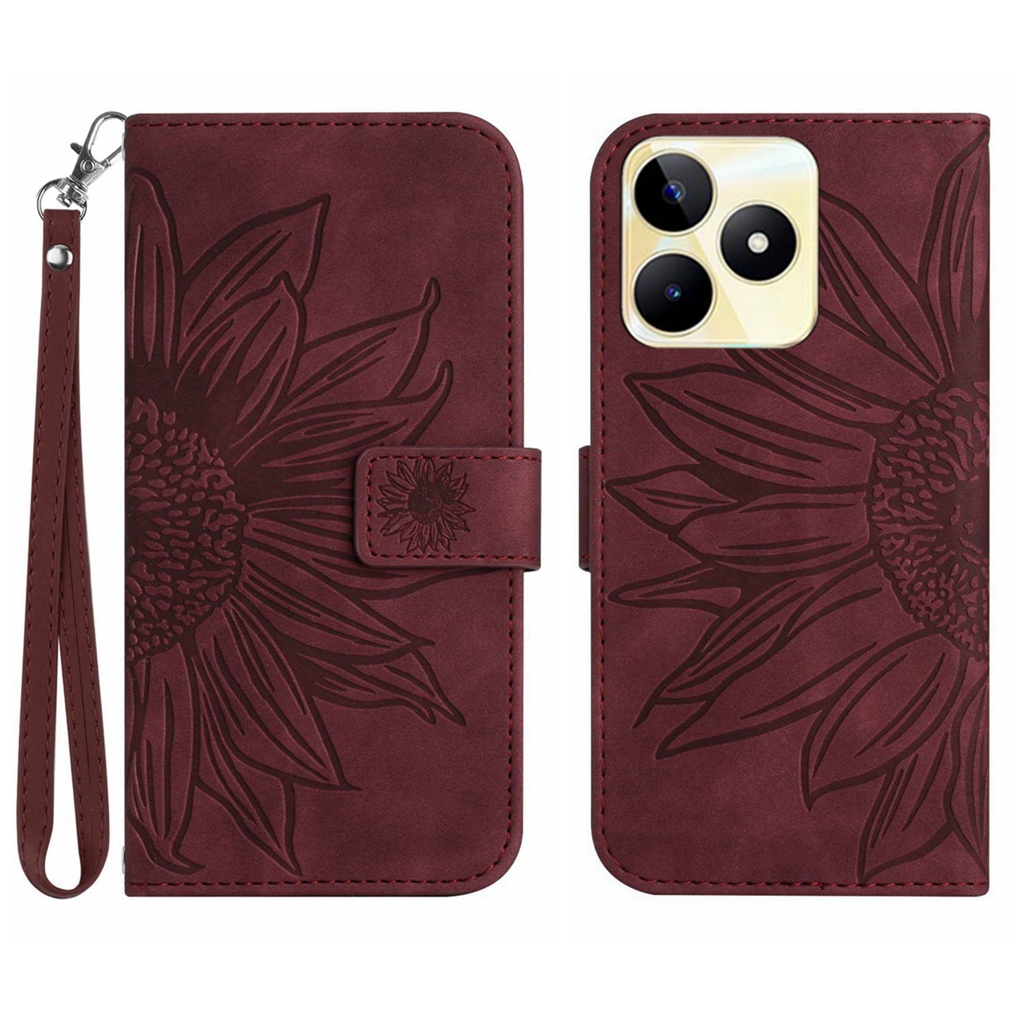 HT04 Phone Leather Case for Realme C53 4G , Sunflower Imprinted Stand Wallet Phone Cover with Hand Strap