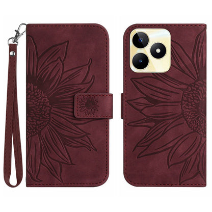 HT04 Phone Leather Case for Realme C53 4G , Sunflower Imprinted Stand Wallet Phone Cover with Hand Strap