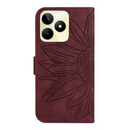 HT04 Phone Leather Case for Realme C53 4G , Sunflower Imprinted Stand Wallet Phone Cover with Hand Strap