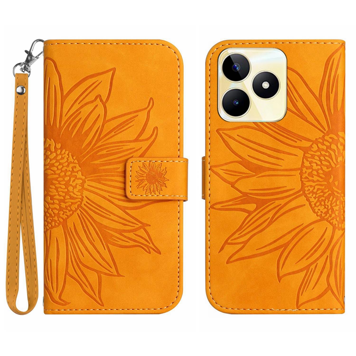 HT04 Phone Leather Case for Realme C53 4G , Sunflower Imprinted Stand Wallet Phone Cover with Hand Strap