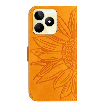 HT04 Phone Leather Case for Realme C53 4G , Sunflower Imprinted Stand Wallet Phone Cover with Hand Strap