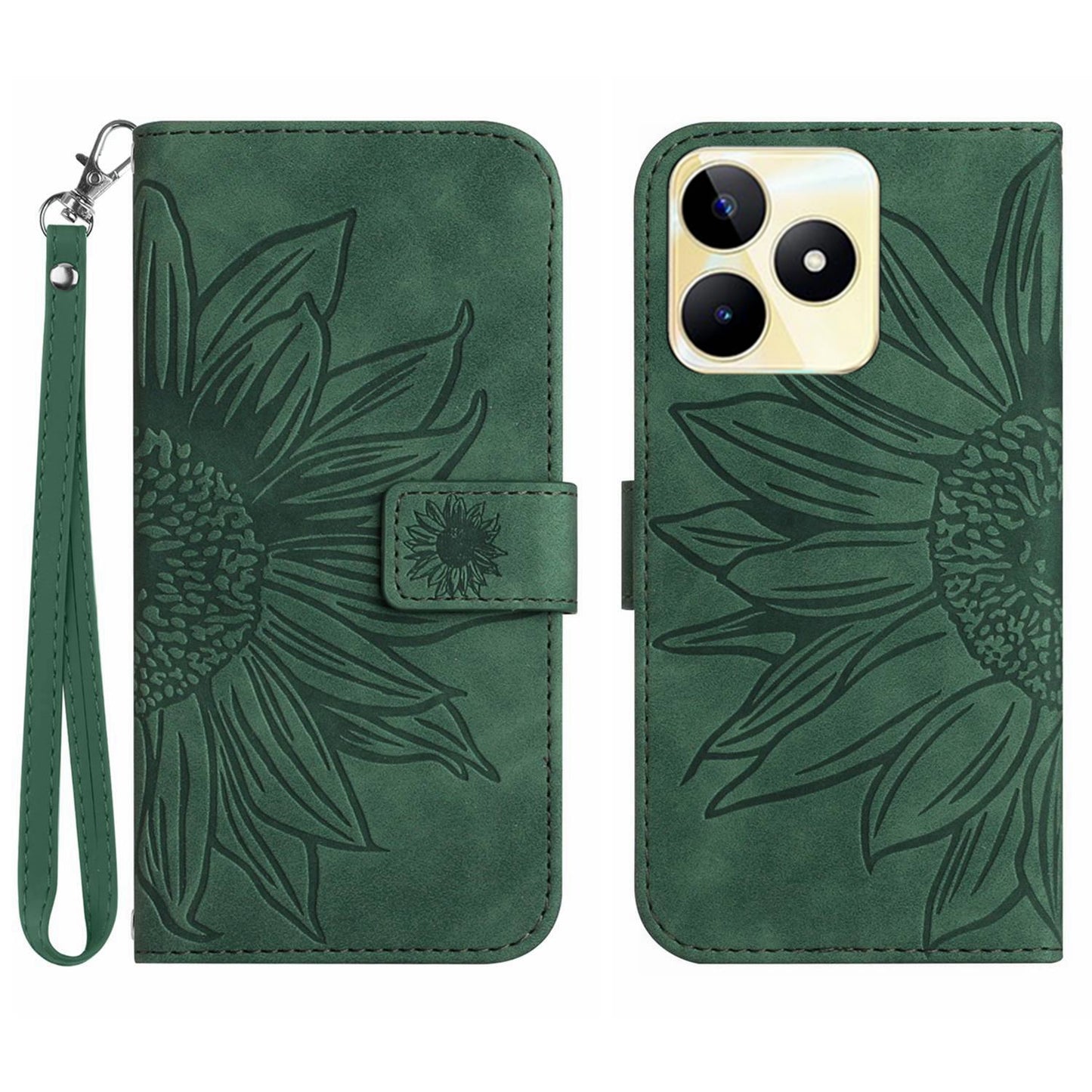 HT04 Phone Leather Case for Realme C53 4G , Sunflower Imprinted Stand Wallet Phone Cover with Hand Strap