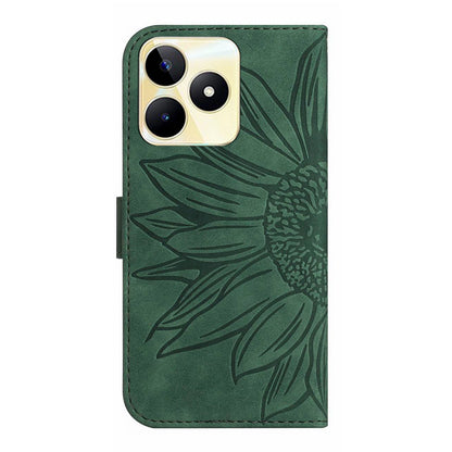 HT04 Phone Leather Case for Realme C53 4G , Sunflower Imprinted Stand Wallet Phone Cover with Hand Strap