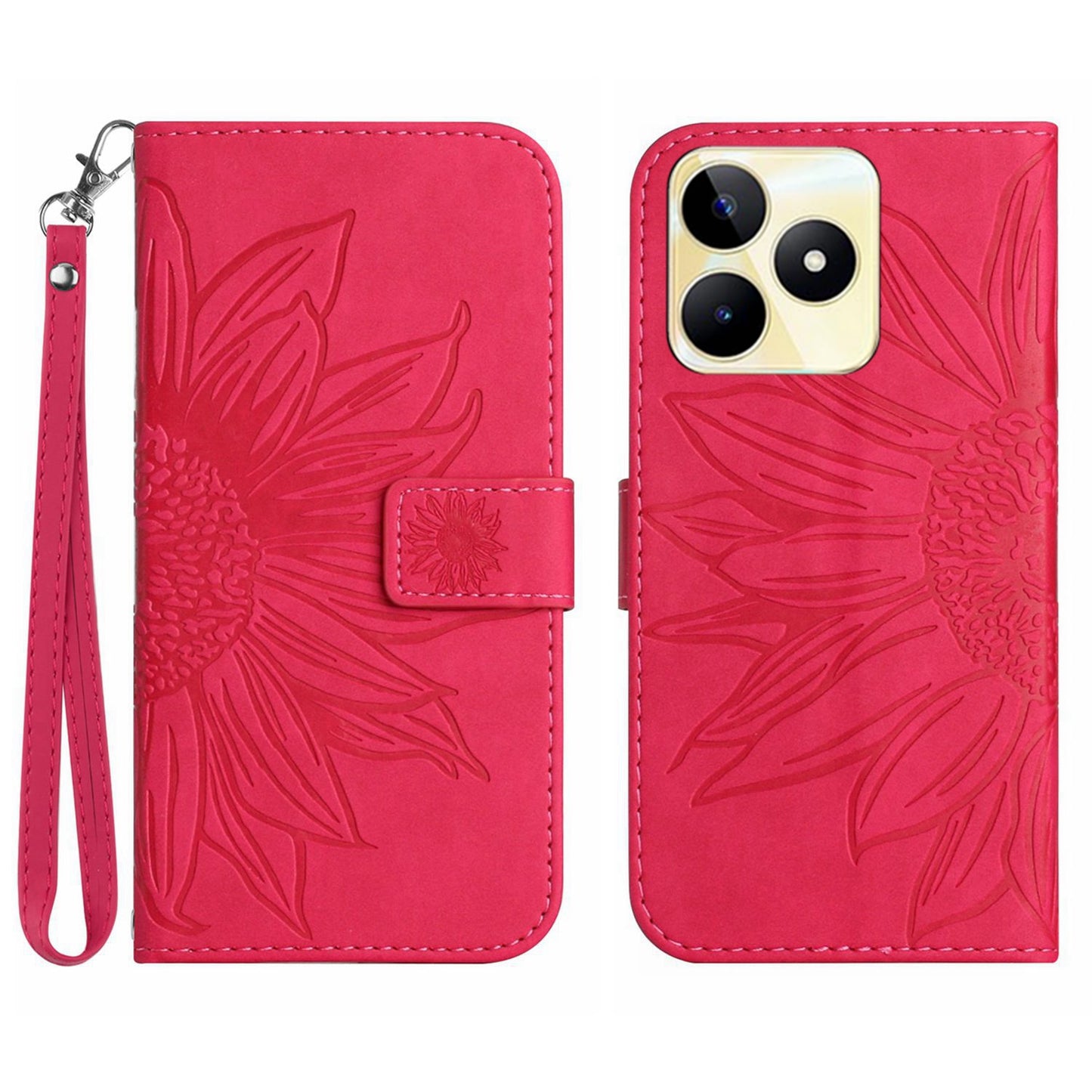 HT04 Phone Leather Case for Realme C53 4G , Sunflower Imprinted Stand Wallet Phone Cover with Hand Strap