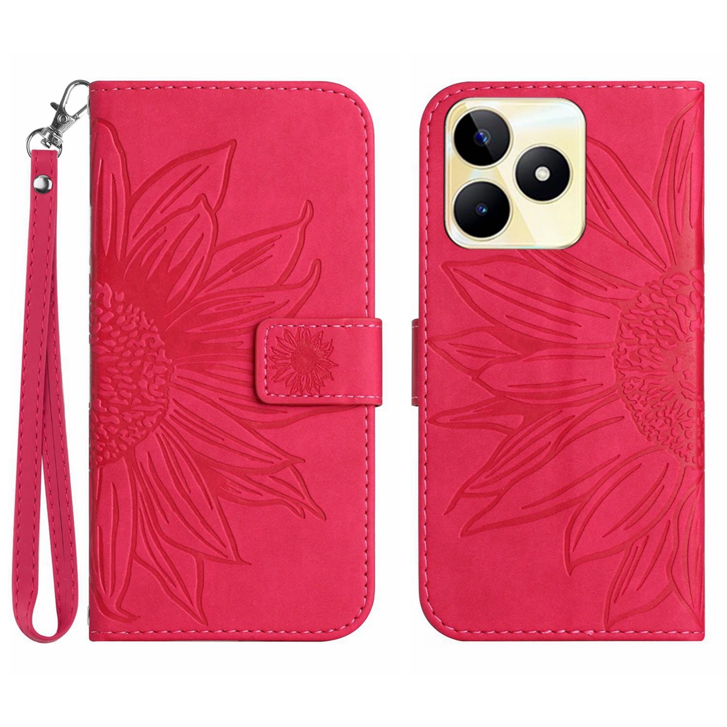 HT04 Phone Leather Case for Realme C53 4G , Sunflower Imprinted Stand Wallet Phone Cover with Hand Strap