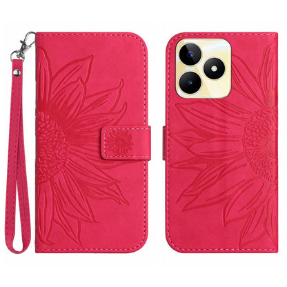 HT04 Phone Leather Case for Realme C53 4G , Sunflower Imprinted Stand Wallet Phone Cover with Hand Strap