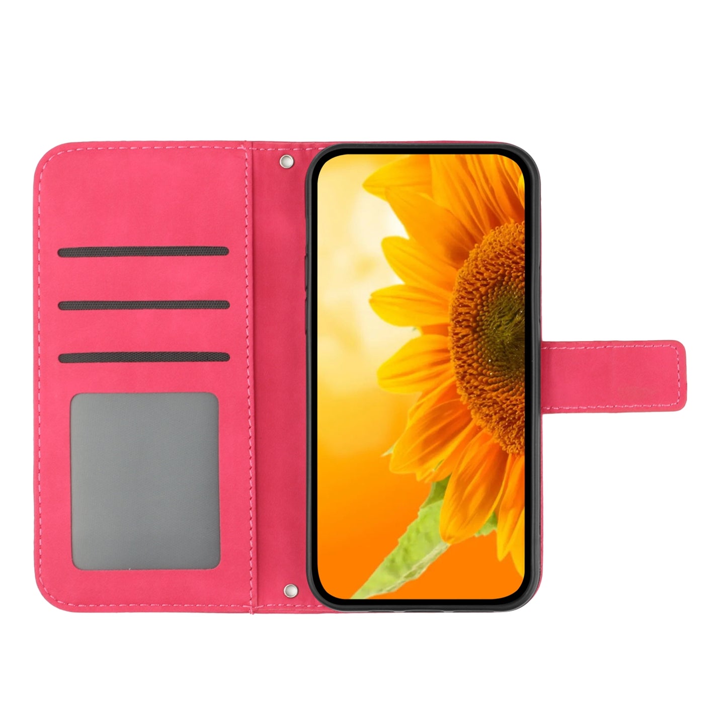 HT04 Phone Leather Case for Realme C53 4G , Sunflower Imprinted Stand Wallet Phone Cover with Hand Strap